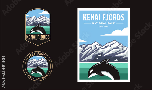 Set of Kenai Fjords National Park graphic illustration badge poster vector