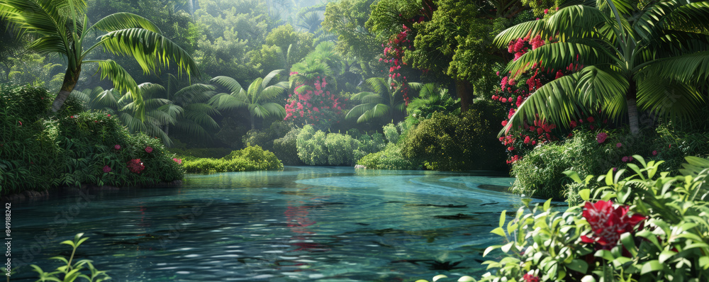 Fototapeta premium Tropical background featuring a serene lagoon surrounded by lush greenery and flowers: Idyllic and tranquil, ideal for a tropical retreat