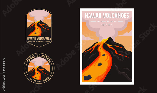 Set of Hawaii Volcanoes National Park graphic illustration badge poster vector