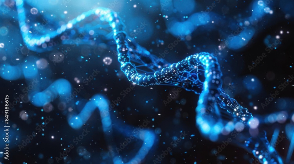 Close-up of a blue glowing DNA strand with intricate details and particles on a dark background, representing genetic research and biotechnology. Close-up of a blue glowing DNA strand with intricate details and particles on a dark background, representing genetic research and biotechnology.