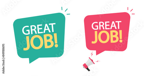 Great job icon vector graphic illustration set flat cartoon image clipart, promotion sticker with megaphone loudspeaker good work done red green color