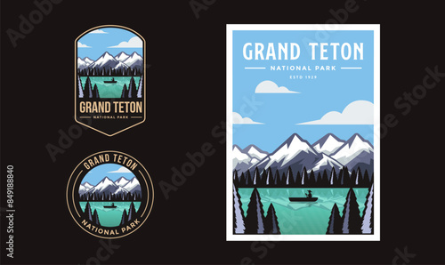 Set of Grand Teton National Park graphic illustration badge poster vector