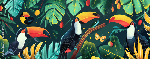 Tropical background with colorful toucans perched on leafy branches: Vibrant and playful, adding a touch of exotic wildlife photo
