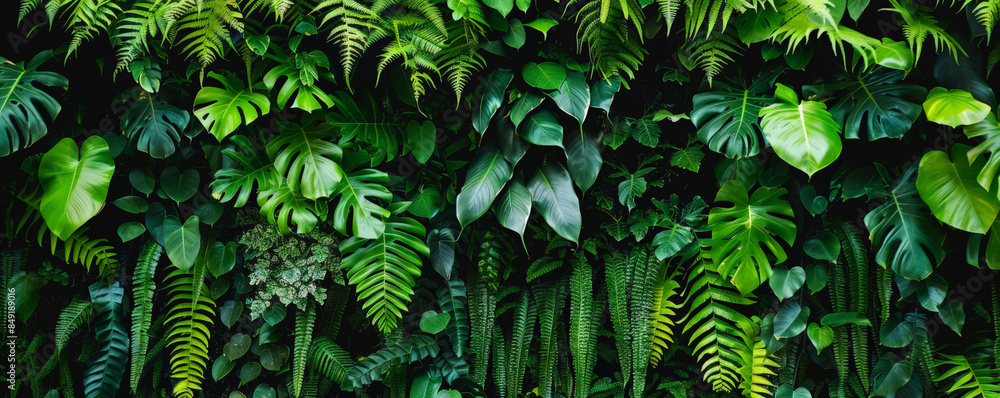 Fototapeta premium Tropical background with lush green ferns and cascading vines: Dense and vibrant, ideal for a jungle theme