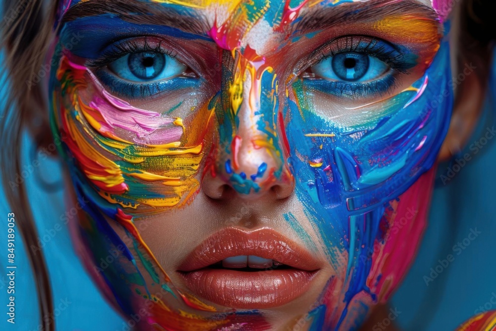 Close-up of a person with vibrant, colorful face paint, showcasing creativity and artistic expression. Close-up of a person with vibrant, colorful face paint, showcasing creativity and artistic expression.