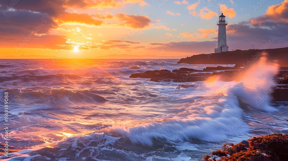 Spectacular Coastal Sunrise Over Dramatic Cliffside with Distant Lighthouse Spectacular Coastal Sunrise Over Dramatic Cliffside with Distant Lighthouse