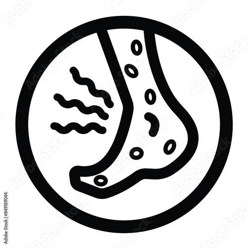 Eczema or bed bug bites on foot icon illustration with black outline isolated on square white background. Simple flat health care rash and allergy treatment themed cartoon styled drawing.