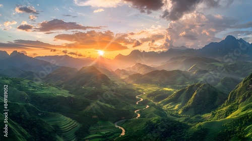 Majestic Mountain Landscape with Vibrant Sunset and Winding River for Travel © pkproject