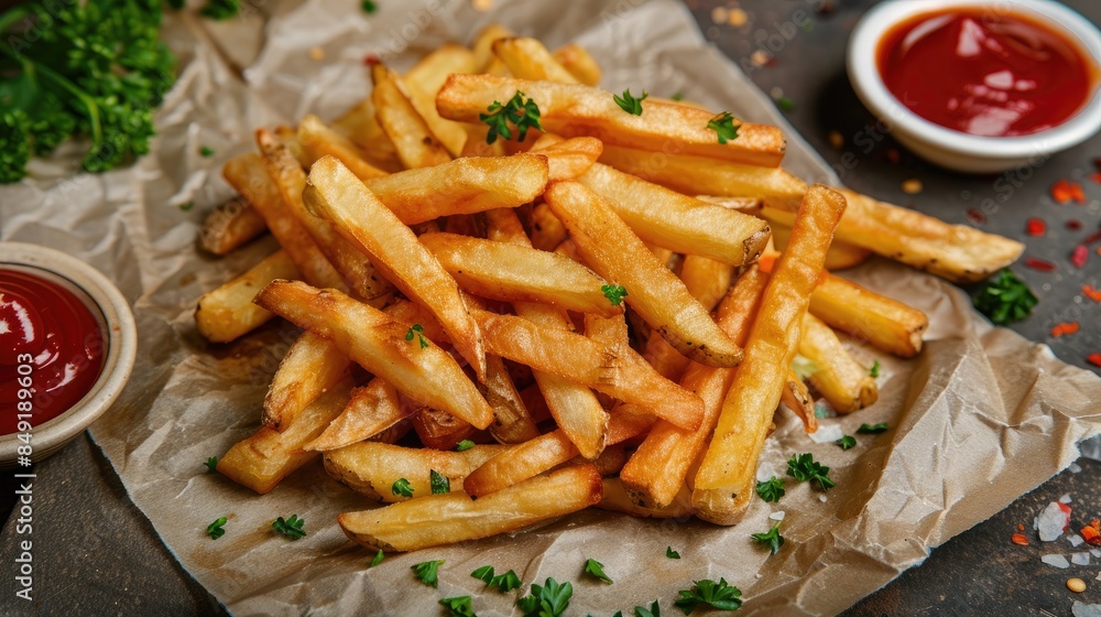 French fries garnished with parsley served fried French fries garnished with parsley served fried