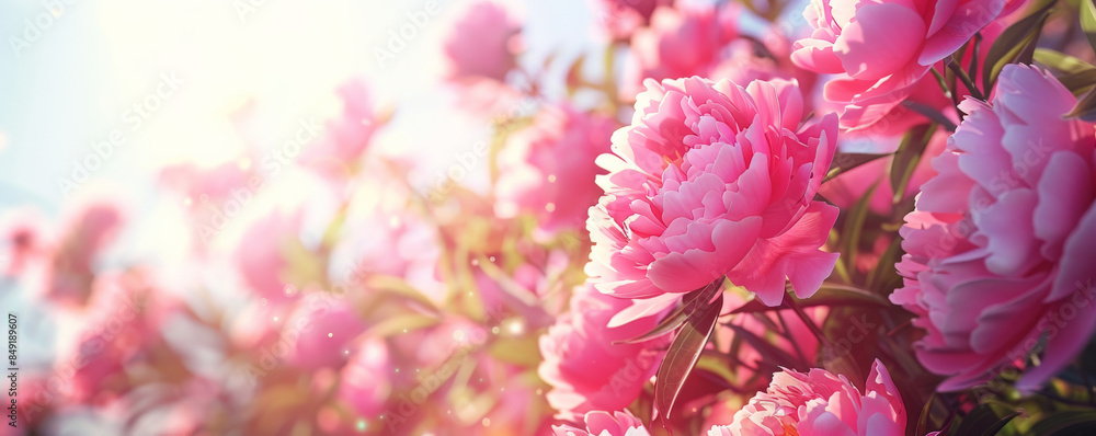 Vibrant spring background with a garden of peonies, bright sunlight, and clear skies. Vibrant spring background with a garden of peonies, bright sunlight, and clear skies.