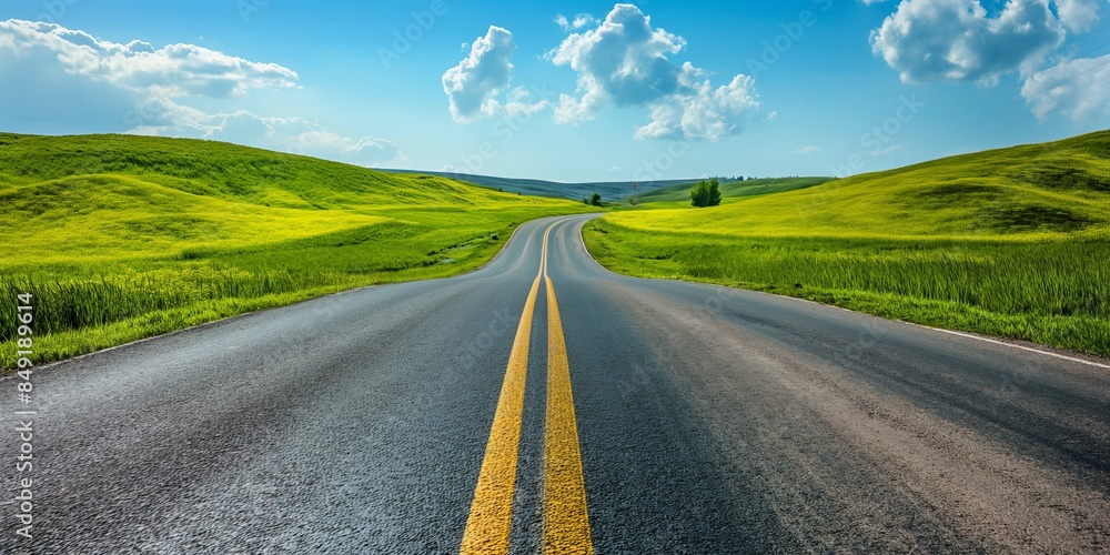 An expansive road cuts through vibrant green landscapes under a blue sky with fluffy clouds An expansive road cuts through vibrant green landscapes under a blue sky with fluffy clouds