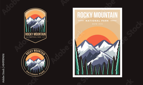 Set of Rocky Mountain National Park graphic illustration badge poster vector