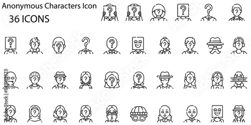 set of 36 outline web anonymous characters icons such as anonymous woman, anonymous woman, man, woman, man, man, vector thin line icons for web design, mobile app.
