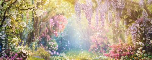 Whimsical spring background with a forest glade, blooming wisteria, and pastel colors.