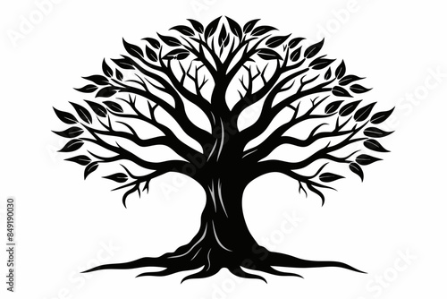 Simple Baniyan Silhouette Black on White Background,tree, silhouette, branch, nature, leaf, vector, plant, illustration, design, season, spring, root, forest,  photo