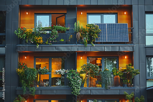 solar panels on the balcony of an apartment in front view