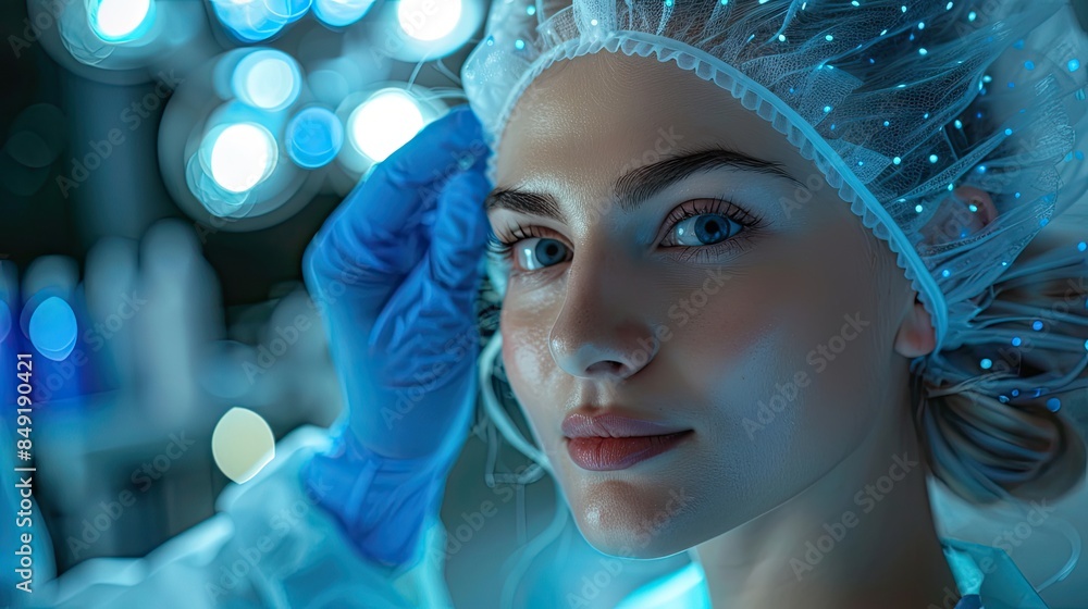 Female scientist adjusting vr headset in laboratory setting Female scientist adjusting vr headset in laboratory setting