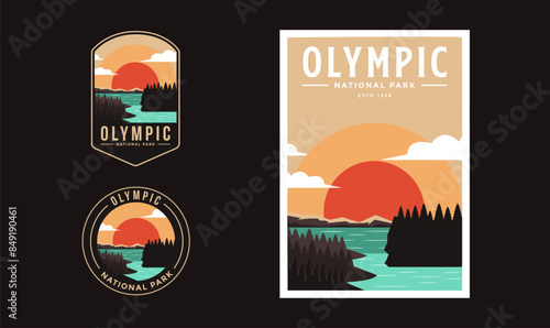 Set of Olympic National Park graphic illustration badge poster vector