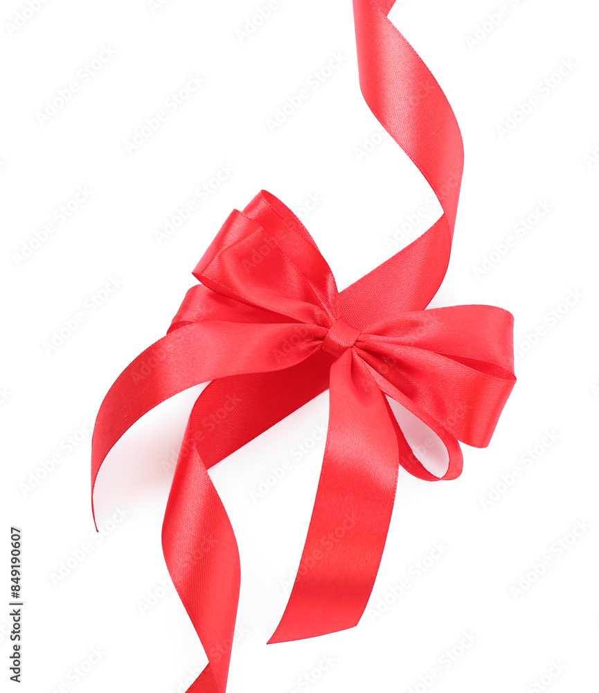 Red satin ribbon with bow isolated on white, top view Red satin ribbon with bow isolated on white, top view