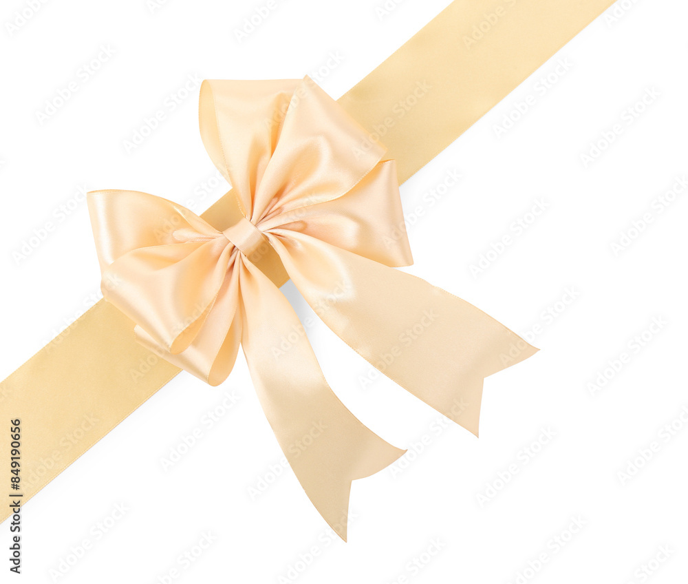 Beige satin ribbon with bow isolated on white, top view Beige satin ribbon with bow isolated on white, top view