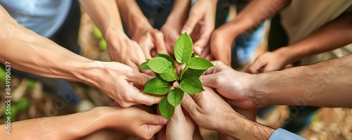 corporate social responsibility represented by a group of hands holding a small plant, with a green leaf in the foreground and a blue person in the background photo