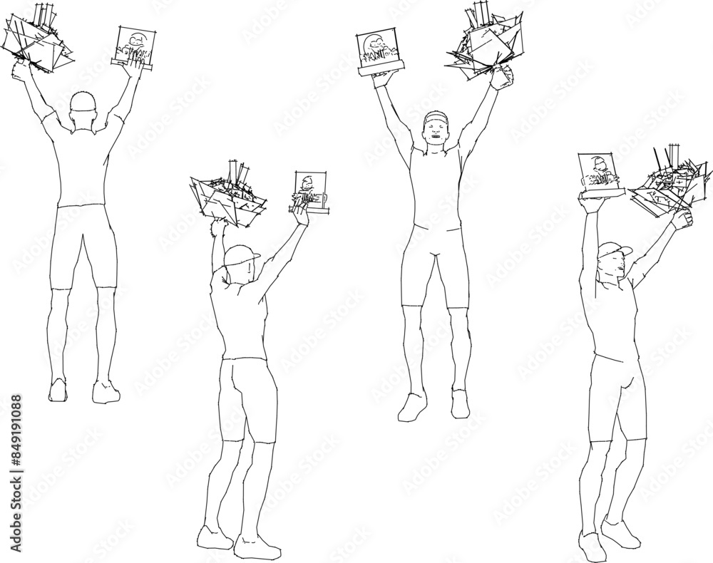 Vector illustration sketch design drawing of the winner in the competition receiving a trophy and flower wreath Vector illustration sketch design drawing of the winner in the competition receiving a trophy and flower wreath