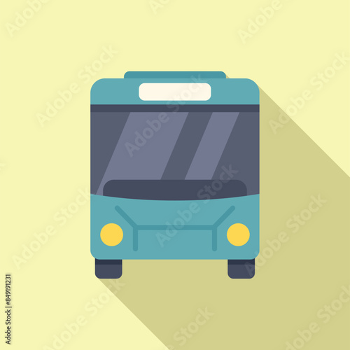 Turquoise intercity bus standing with headlights on in flat design with long shadow