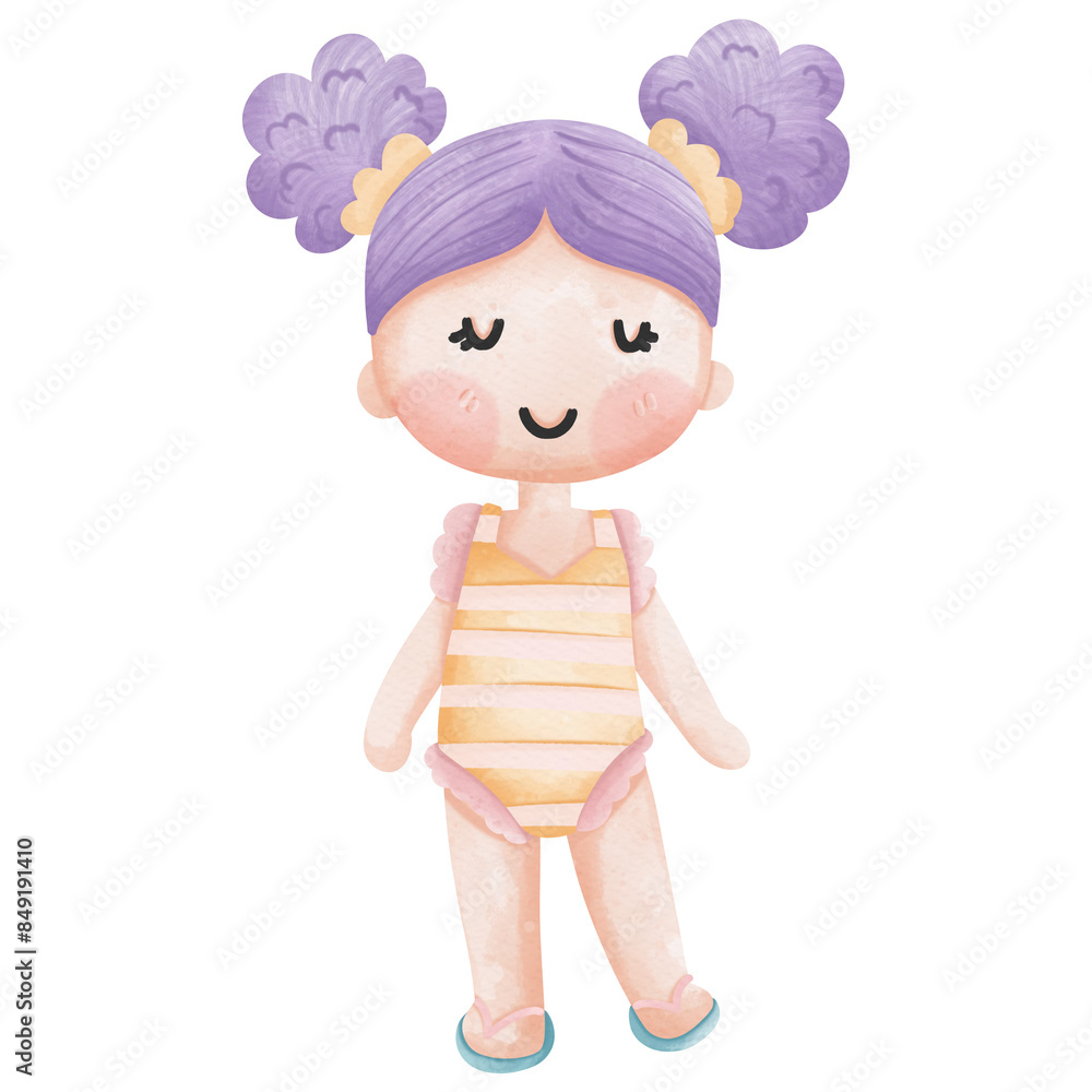 Cute illustration of a girl with purple hair, wearing a striped swimsuit and smiling. Perfect for children's content and design. Cute illustration of a girl with purple hair, wearing a striped swimsuit and smiling. Perfect for children's content and design.