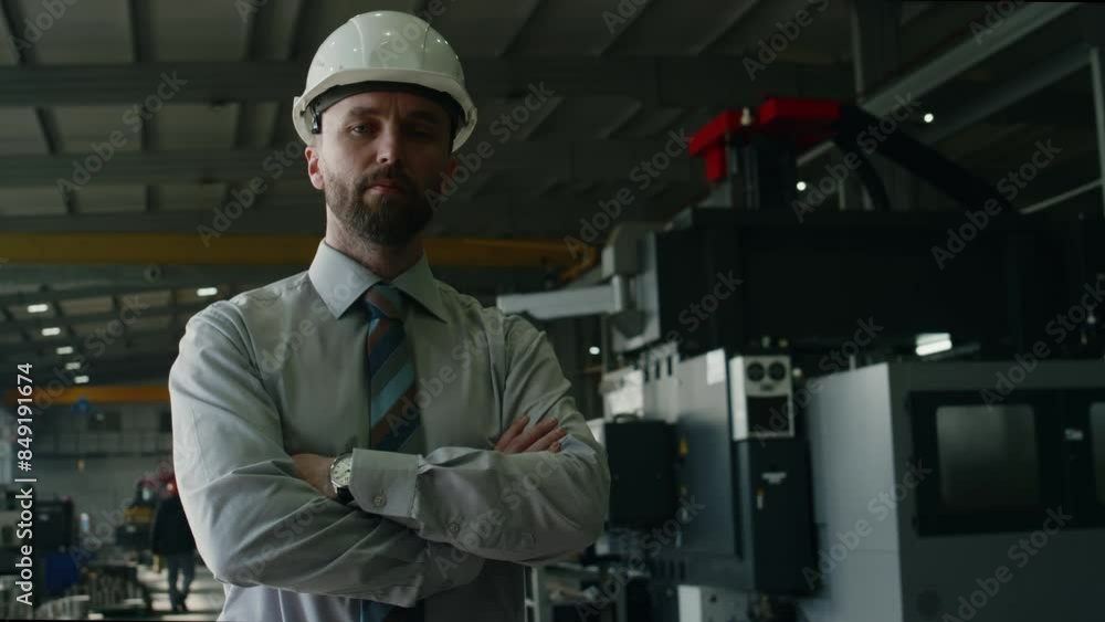 Portrait of confident male engineer in formalwear and hardhat posing for camera with arms crossed at work in industrial factory Portrait of confident male engineer in formalwear and hardhat posing for camera with arms crossed at work in industrial factory
