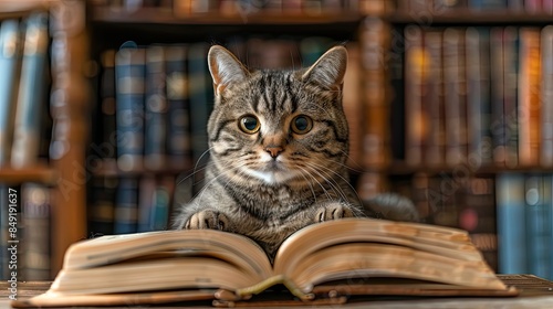 artistic cat reading a book