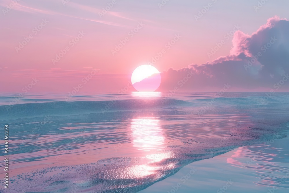 Serene pink and blue beach sunset reflected over calm ocean waves, creating a tranquil and picturesque view.