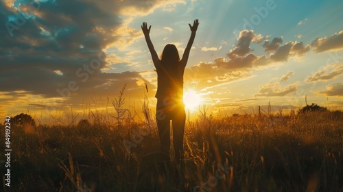 Photo of surrender and praise concept: Silhouette of a healthy Christian woman raising her hands on the meadow. sunset background