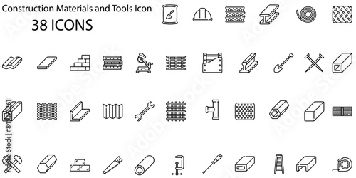 set of 38 outline web construction materials and tool icons such as plank, chisel, concrete, glove, crossed hammers, caliper, steel, helmet vector thin line icons for web design, mobile app.
