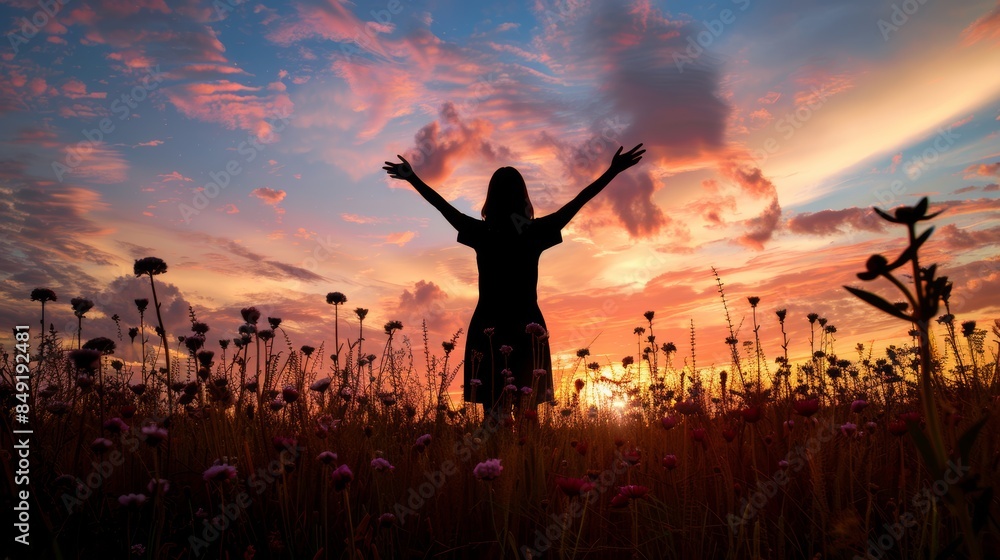 Photo of surrender and praise concept: Silhouette of a healthy Christian woman raising her hands on the meadow. sunset background Photo of surrender and praise concept: Silhouette of a healthy Christian woman raising her hands on the meadow. sunset background