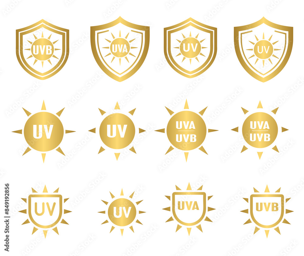 Golden UV, UVA and UVB sun protection icon Golden UV, UVA and UVB sun protection icon