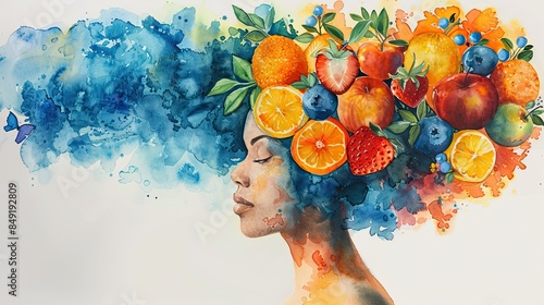  Illustration of Woman with Fresh Fruits on Her Head Generative AI