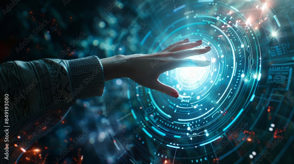 Photo of woman's hand touching the metaverse universe. Digital ...