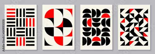 Retro set of black, white and red geometric vector pattern minimal posters with 20s geometric design. Trendy bauhaus pattern background for cover design, poster and interior.