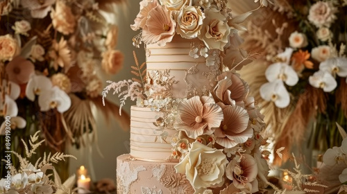 Abstract depiction of a multi-tier wedding cake with overlapping textures and patterns such as marble, golden stripes, and subtle floral motifs in tones of beige, gold, and pastel pink.
