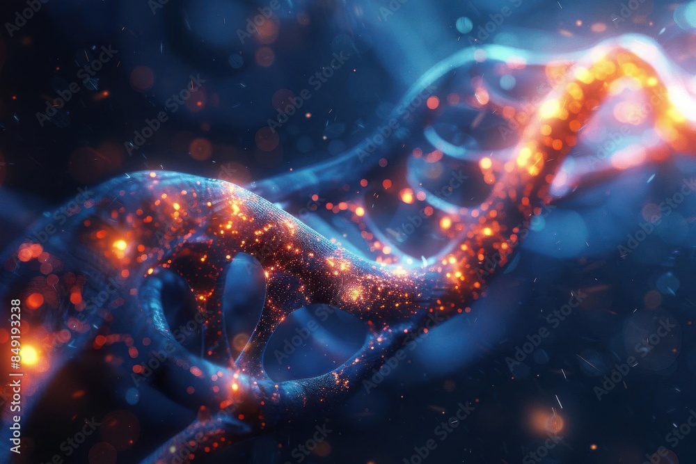 Abstract digital illustration of a DNA strand with glowing particles, symbolizing genetics, biotechnology, and molecular biology advancements. Abstract digital illustration of a DNA strand with glowing particles, symbolizing genetics, biotechnology, and molecular biology advancements.