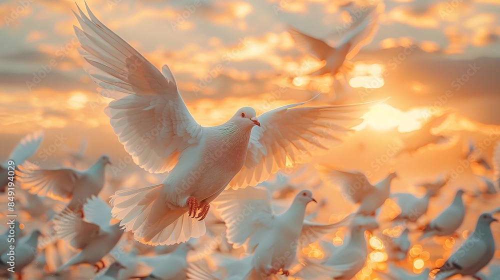 Multiple white pigeons in flight with a warm sunset backdrop Multiple white pigeons in flight with a warm sunset backdrop