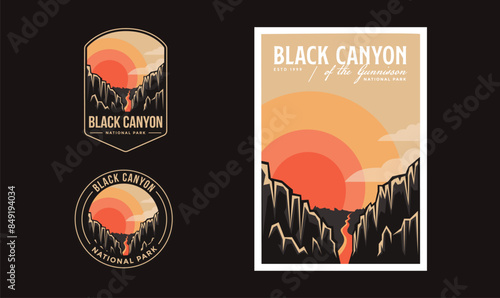 Set of Black Canyon National Park graphic illustration badge poster vector