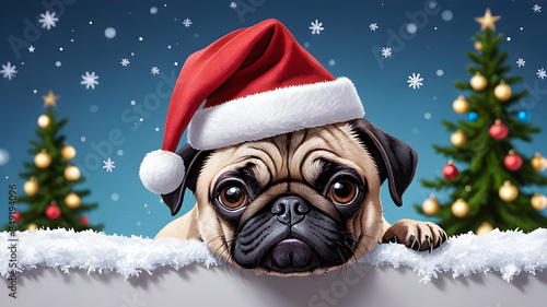 adorable cute pug puppy in a Santa Claus hat © Olena