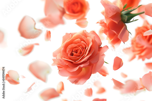 Beautiful roses with flying petals on a white background.