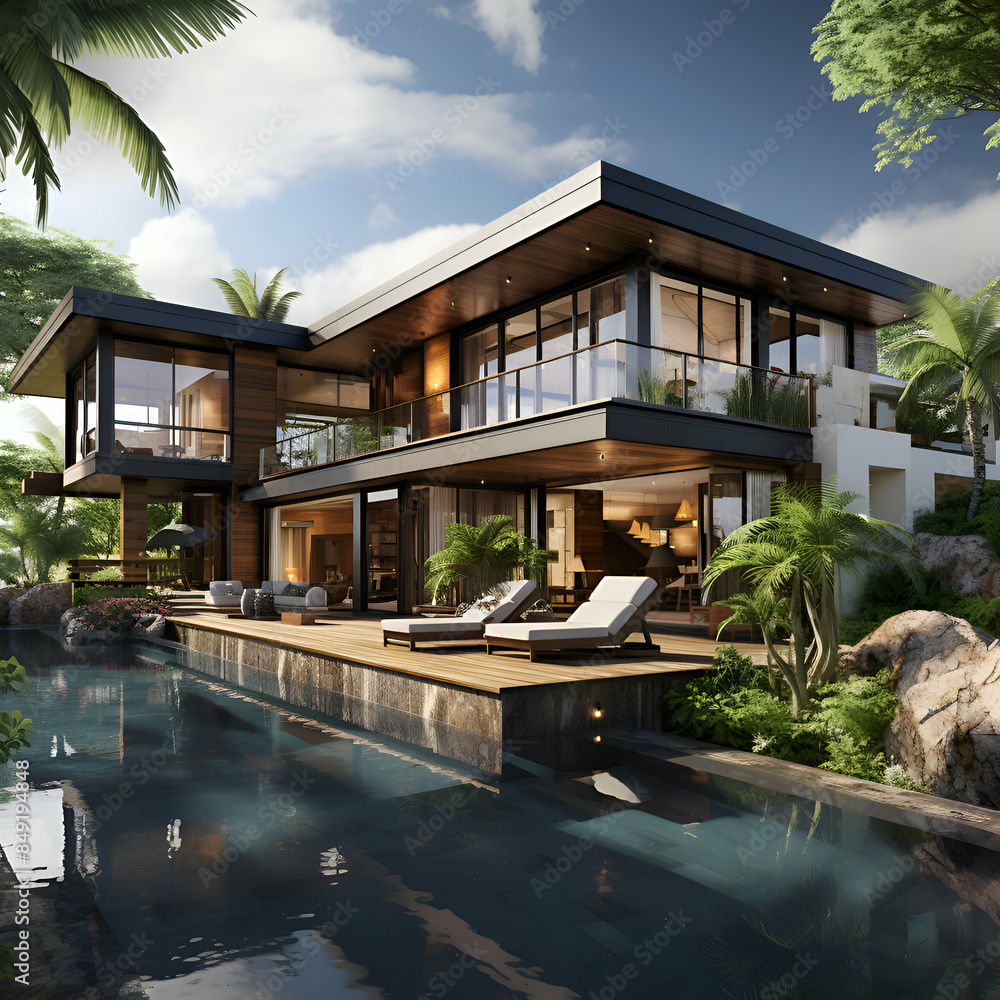 3d rendering of modern cozy house with pool and parking for sale or rent in luxurious style and beautiful landscaping on background. Clear sunny summer day with blue sky. 3d rendering of modern cozy house with pool and parking for sale or rent in luxurious style and beautiful landscaping on background. Clear sunny summer day with blue sky.
