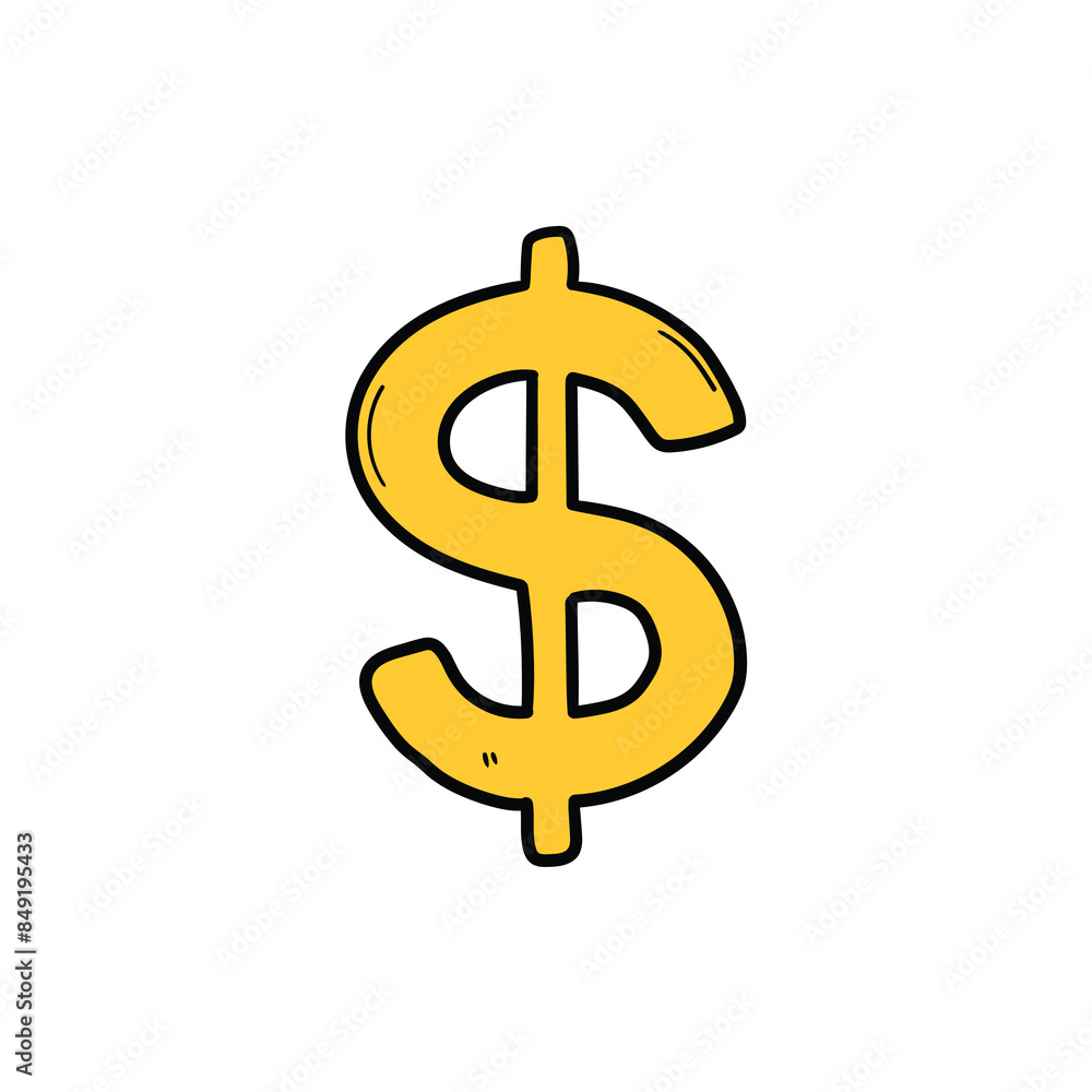 Hand drawn cartoon dollar symbol in gold color on white background. Hand drawn cartoon dollar symbol in gold color on white background.