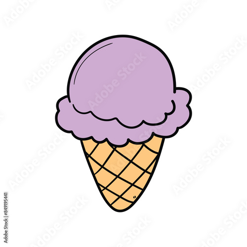 Hand drawn cartoon ice cream in a waffle cone on a white background.