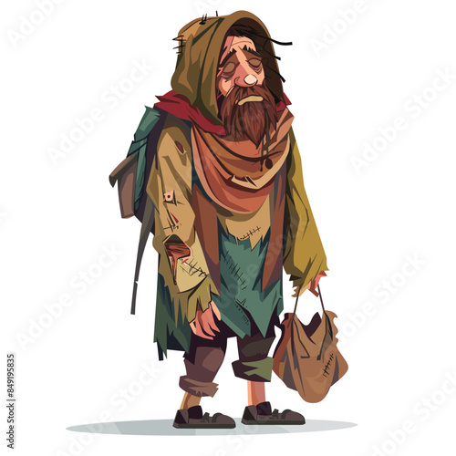 Elderly bearded man, wearing tattered clothing, stands hunched walking stick bag. Fatigued wanderer carrying belongings, isolated against plain backdrop. Rugged traveler patched garments exuding