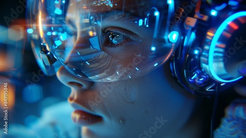 close-up shot of a young person listening music wearing a Hi-Tech futuristic headset