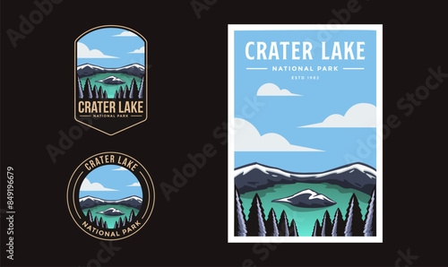 Set of Crater Lake National Park graphic illustration badge poster vector